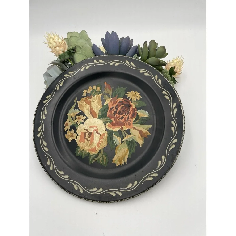 Vintage Toleware Plate Black Wall Pocket Hand Paint‎ Roses w/Succulent Florals